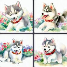 赤色の首輪をしたかわいいハスキー犬が花畑で遊ぶ水彩画のイラスト