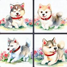 花畑で遊ぶ赤色の首輪をしたかわいいハスキー犬、水彩画のイラスト
